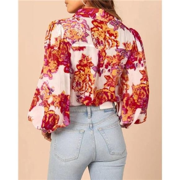 Floral Rose Print Button Up Shirt Casual Long Puff Sleeve Blouse Boho Dressy Top - Picture 3 of 5